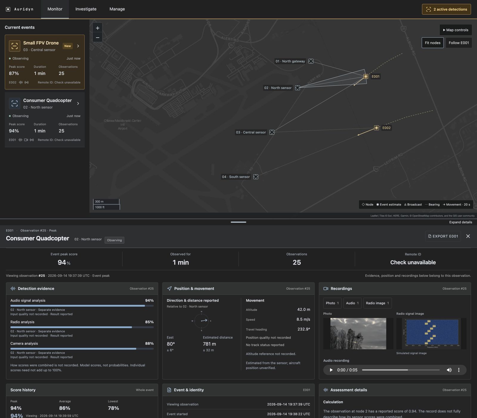 Preview dashboard showing a node network and illustrative drone observations