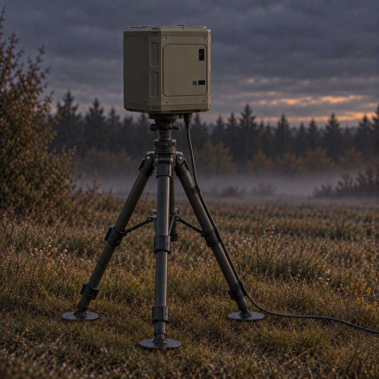 Auridyn sensor node on a matching field tripod at dusk